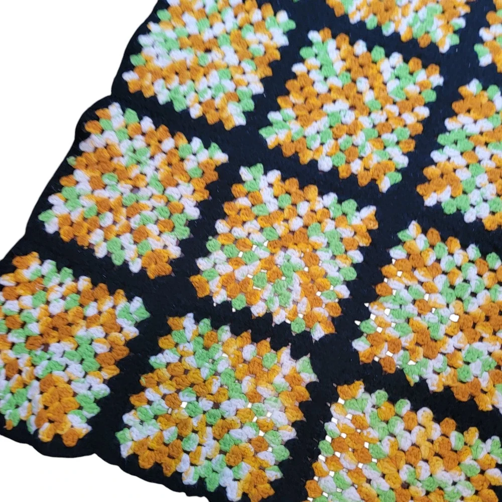 Granny Square Afghan Blanket Black Gold Lime Green White Throw 52